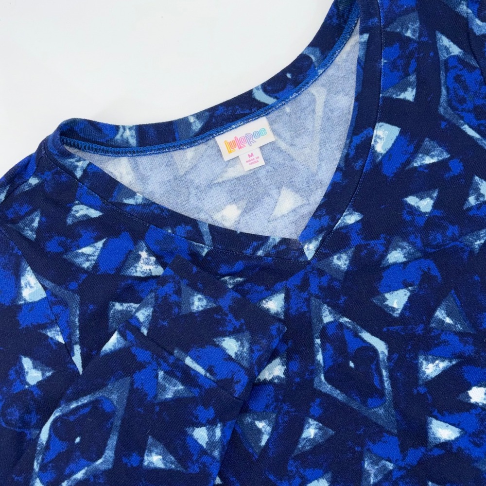 LuLaRoe Womens Blue Geometric Diamond Print V-Neck Long Sleeve Swing Dress M
